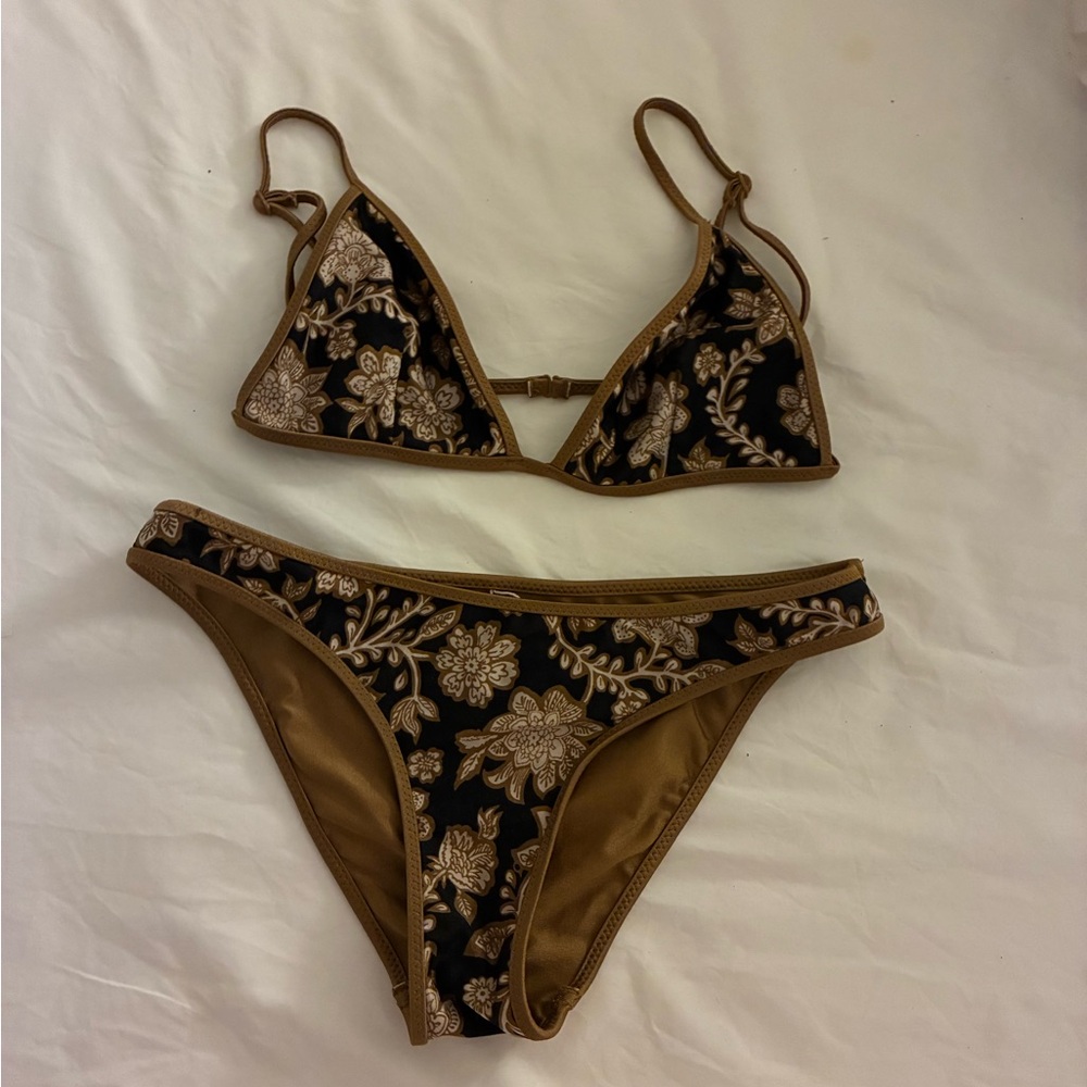 Zimmermann Black and Tan Bikini Set with Classic Floral Design